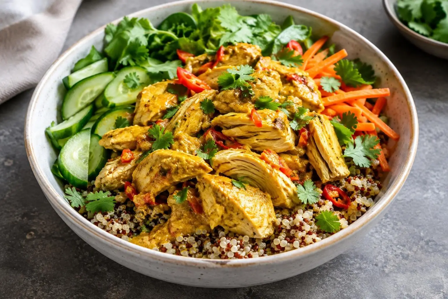 Poached Indonesian Ayam Bumbu Kuning Grain Bowl plated and ready to serve