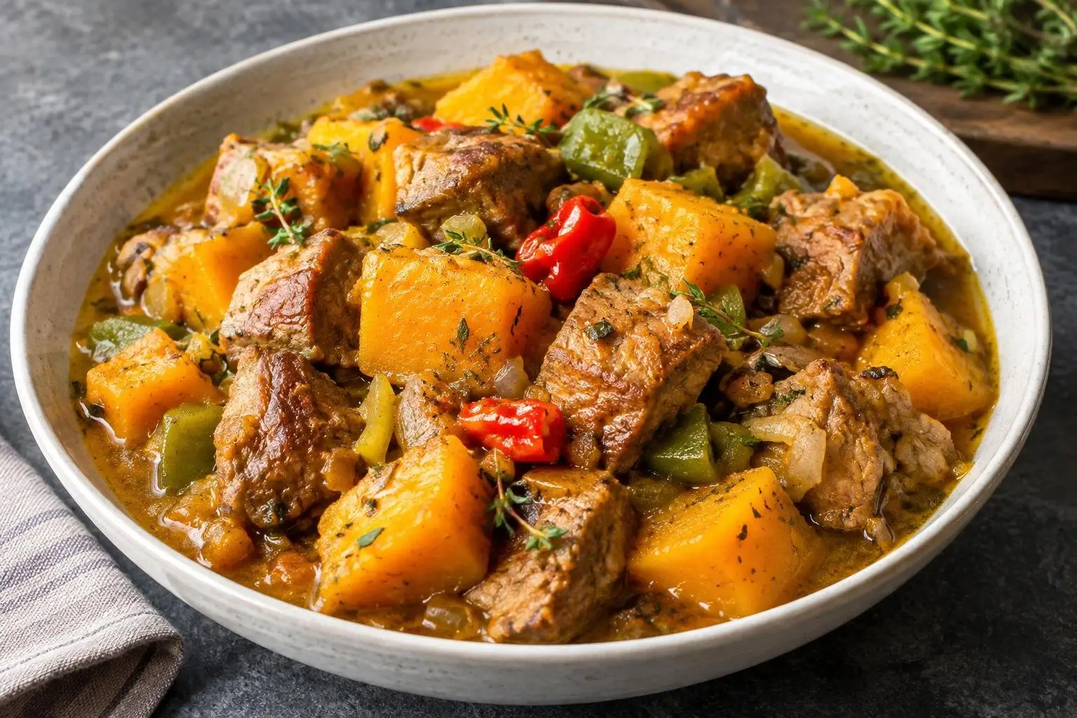Caribbean Pumpkin Stew with Pork plated and ready to serve