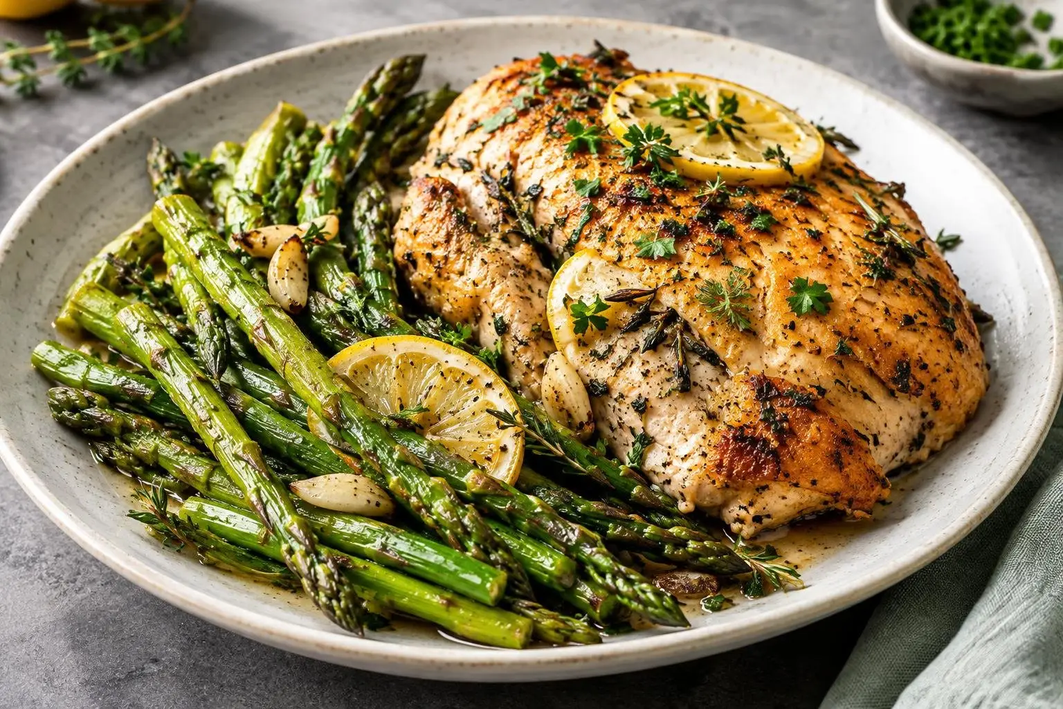Roasted Lemon-Herb Chicken with Spring Asparagus plated and ready to serve