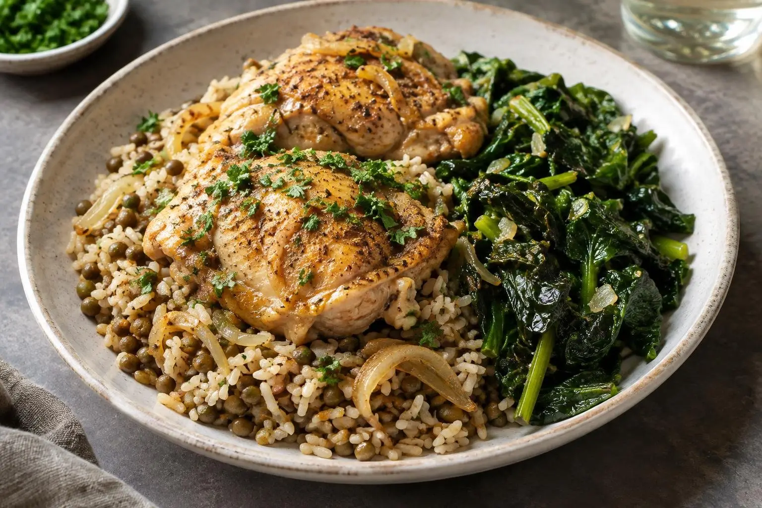 Lebanese-Inspired Chicken Mujaddara with Sautéed Greens plated and ready to serve