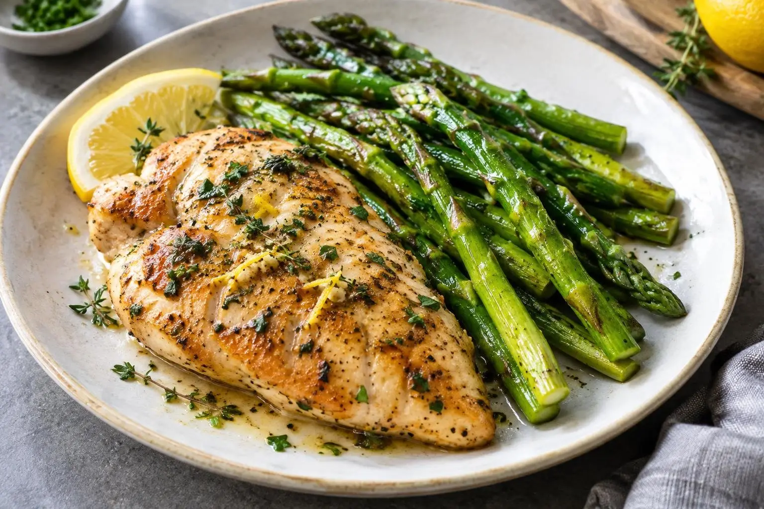 Pan-Seared Lemon Herb Chicken with Spring Asparagus plated and ready to serve