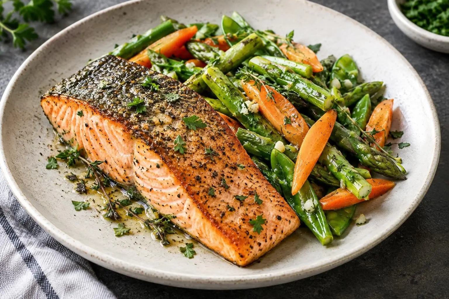 Pan-Seared Salmon with Spring Vegetable Medley plated and ready to serve