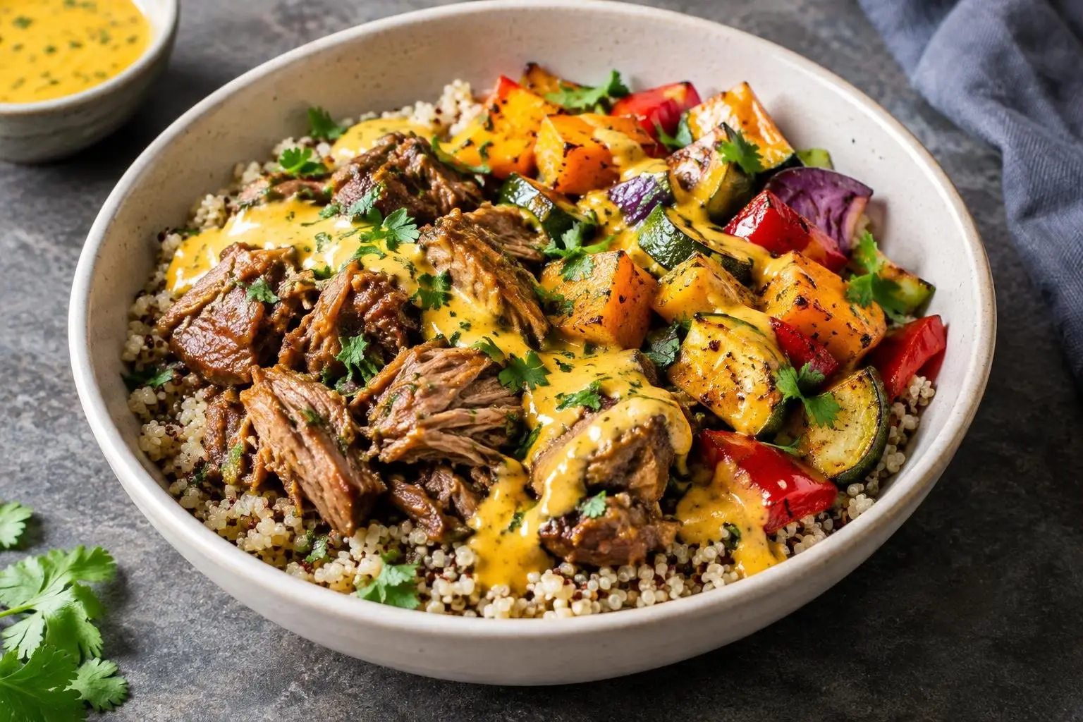 Peruvian Quinoa Grain Bowl with Slow-Braised Pork plated and ready to serve