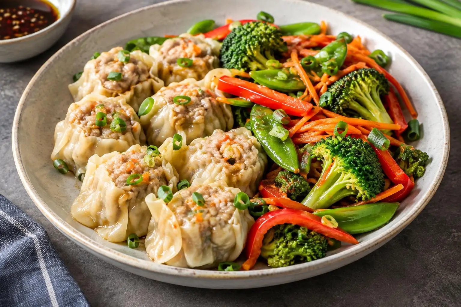 Filipino Chicken Siomai with Seasonal Vegetable Stir-Fry plated and ready to serve