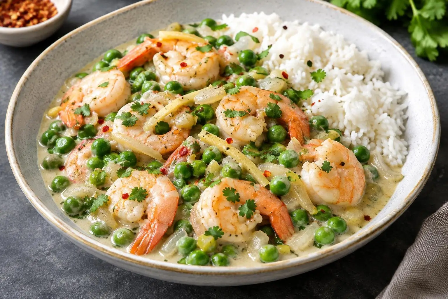 Ginataang Guisantes with Shrimp plated and ready to serve