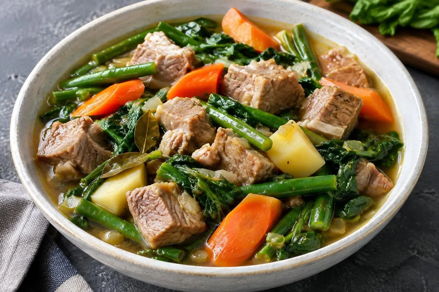 Filipino Pork and Vegetable Stew with Seasonal Greens plated and ready to serve