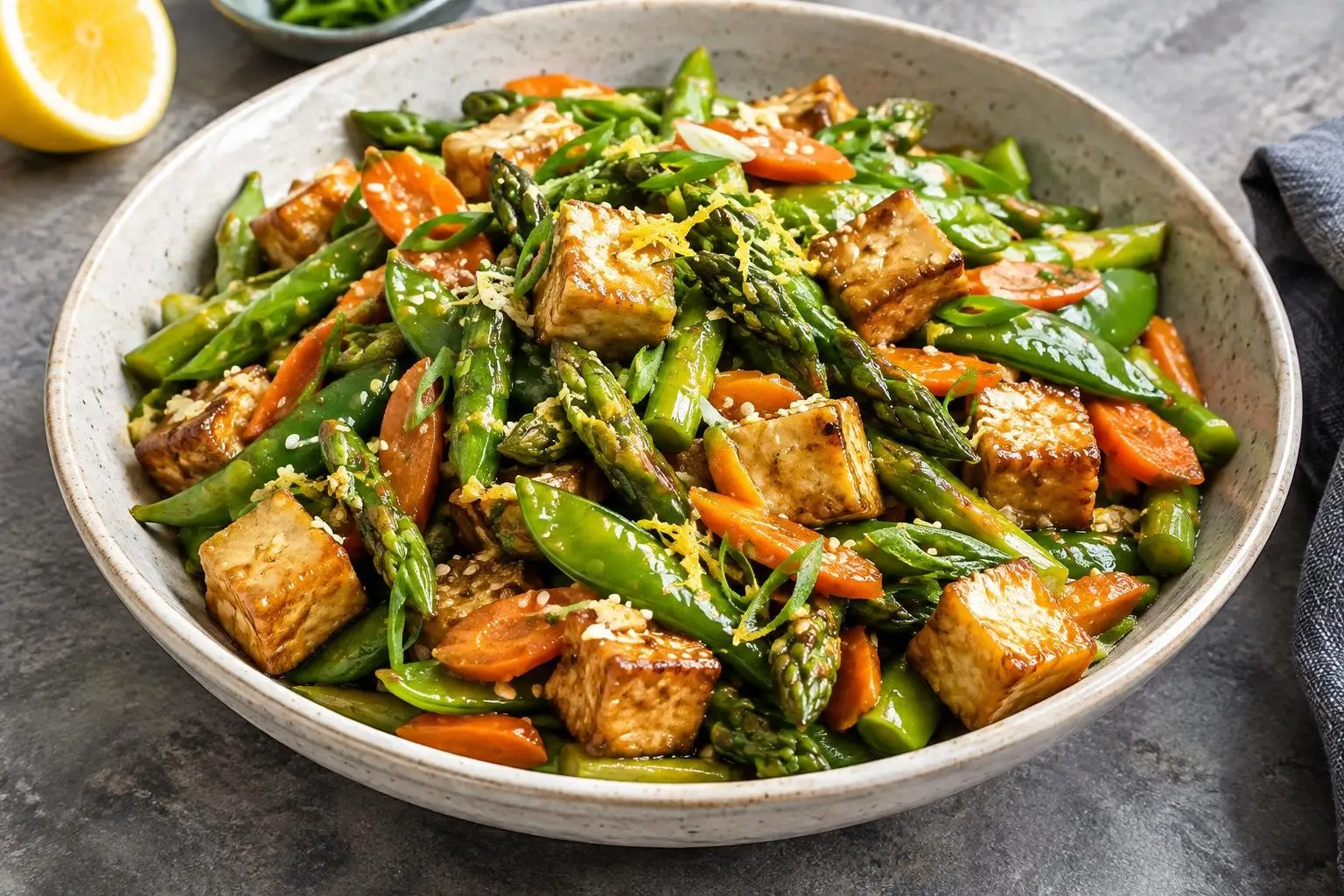 Spring Vegetable and Tofu Stir-Fry with Lemon-Ginger Sauce plated and ready to serve