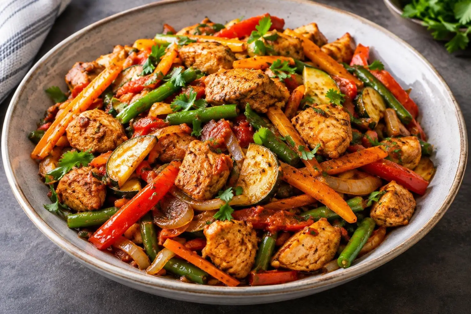 Ethiopian-Inspired Stir-Fried Chicken with Seasonal Vegetables plated and ready to serve