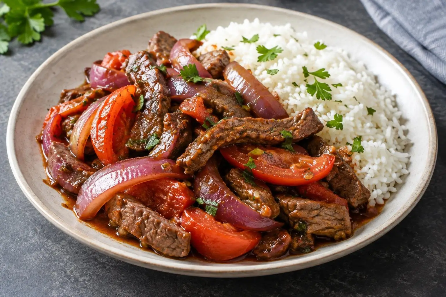 Peruvian Lomo Saltado Braise plated and ready to serve