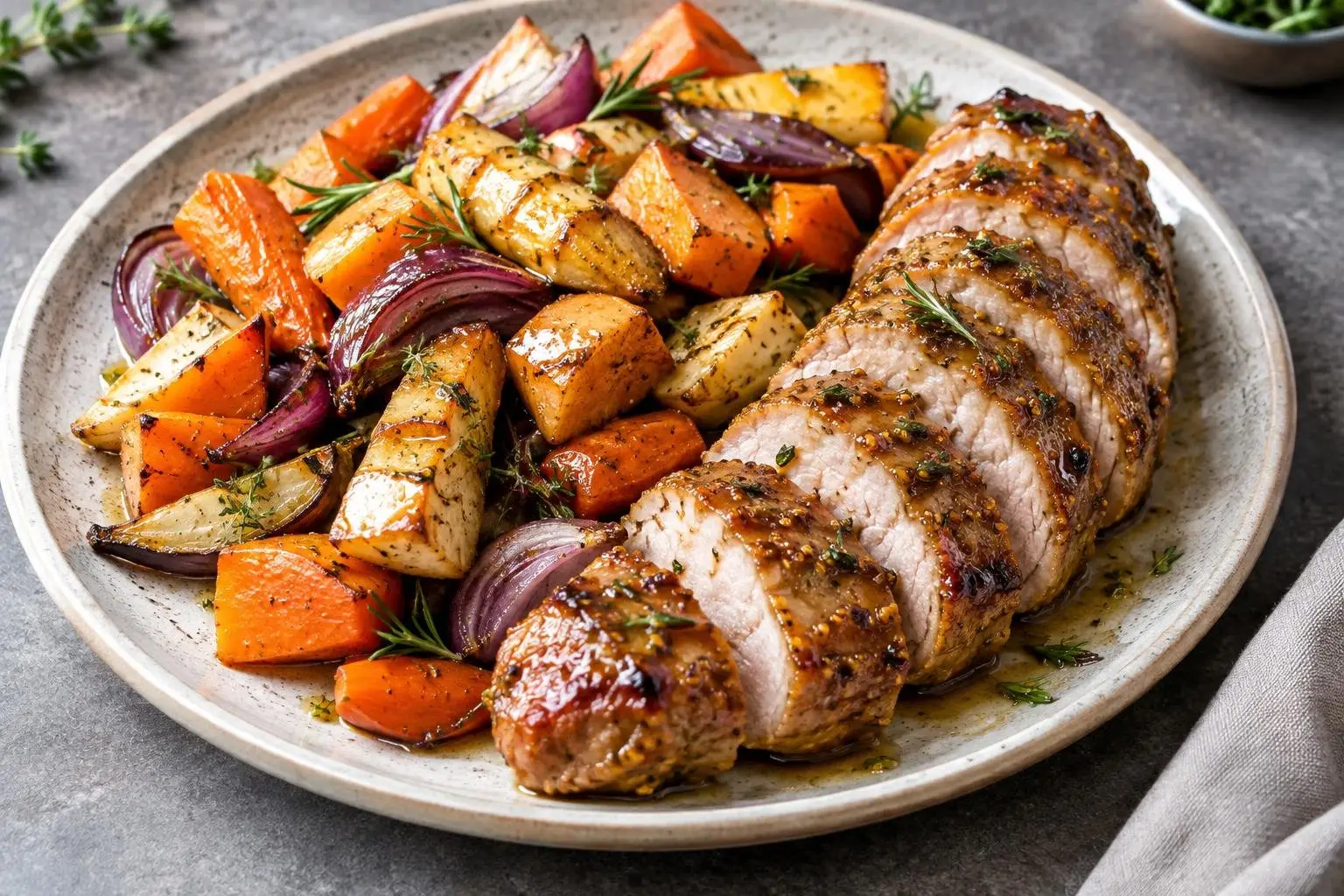 Honey Mustard Glazed Pork Tenderloin with Roasted Autumn Vegetables plated and ready to serve