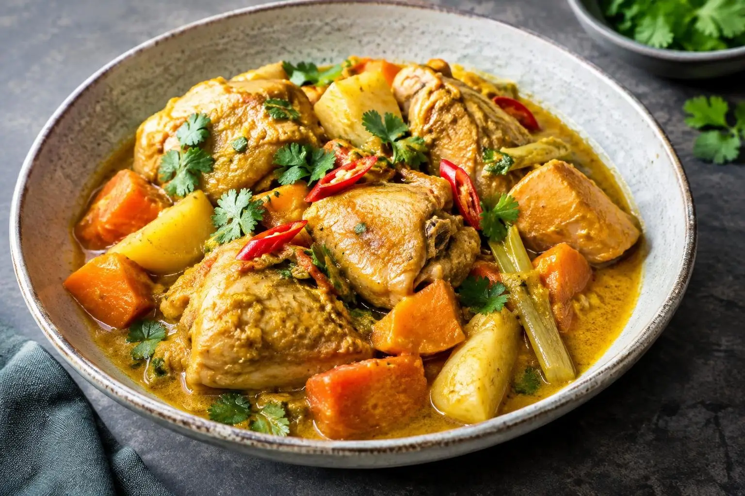 Indonesian Pressure-Cooked Chicken Gulai with Seasonal Vegetables plated and ready to serve