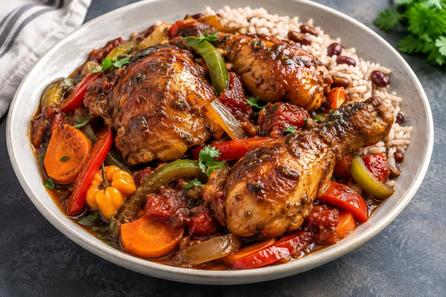Jamaican Brown Stew Chicken plated and ready to serve