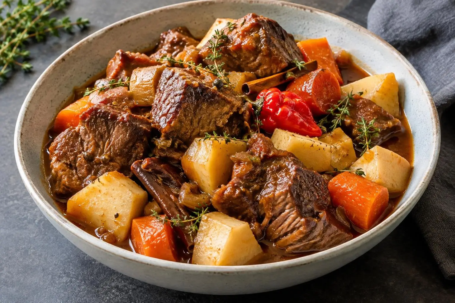 Caribbean Pepperpot Braised Pork Shoulder plated and ready to serve