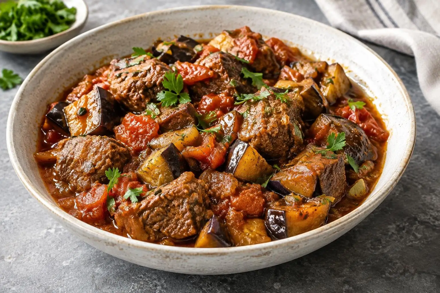 Lebanese Lamb and Eggplant Stew with Seasonal Tomatoes plated and ready to serve