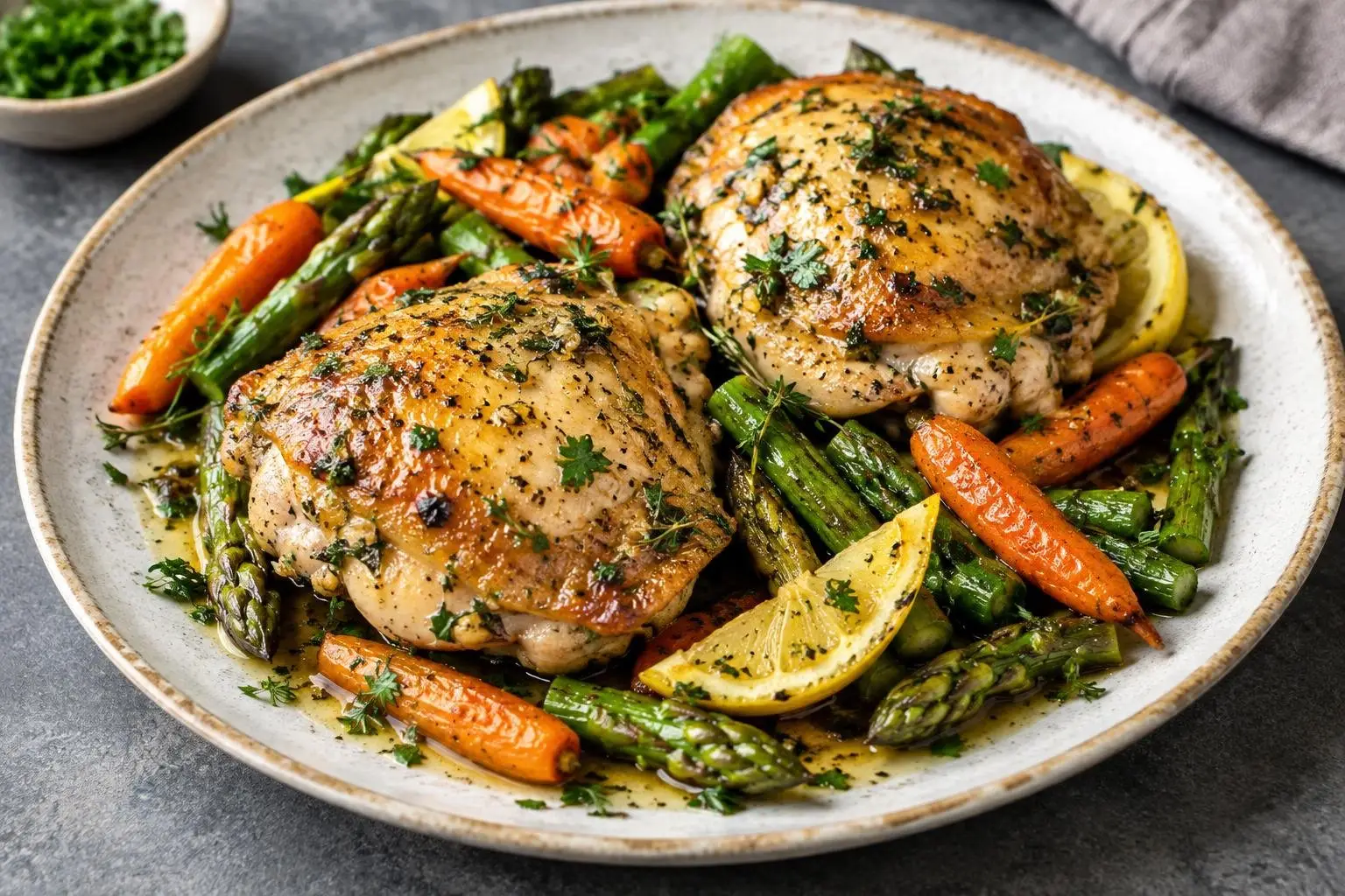 Herbed Lemon Chicken Thighs with Roasted Spring Vegetables plated and ready to serve