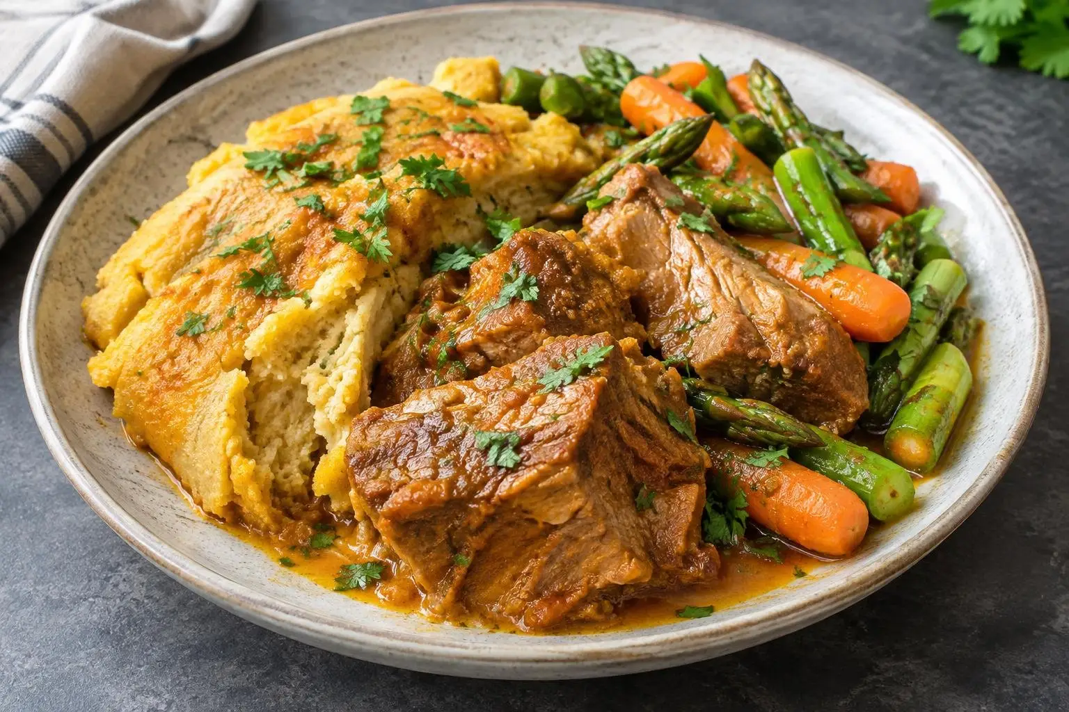 Peruvian Pork Tamal Braise with Seasonal Vegetables plated and ready to serve