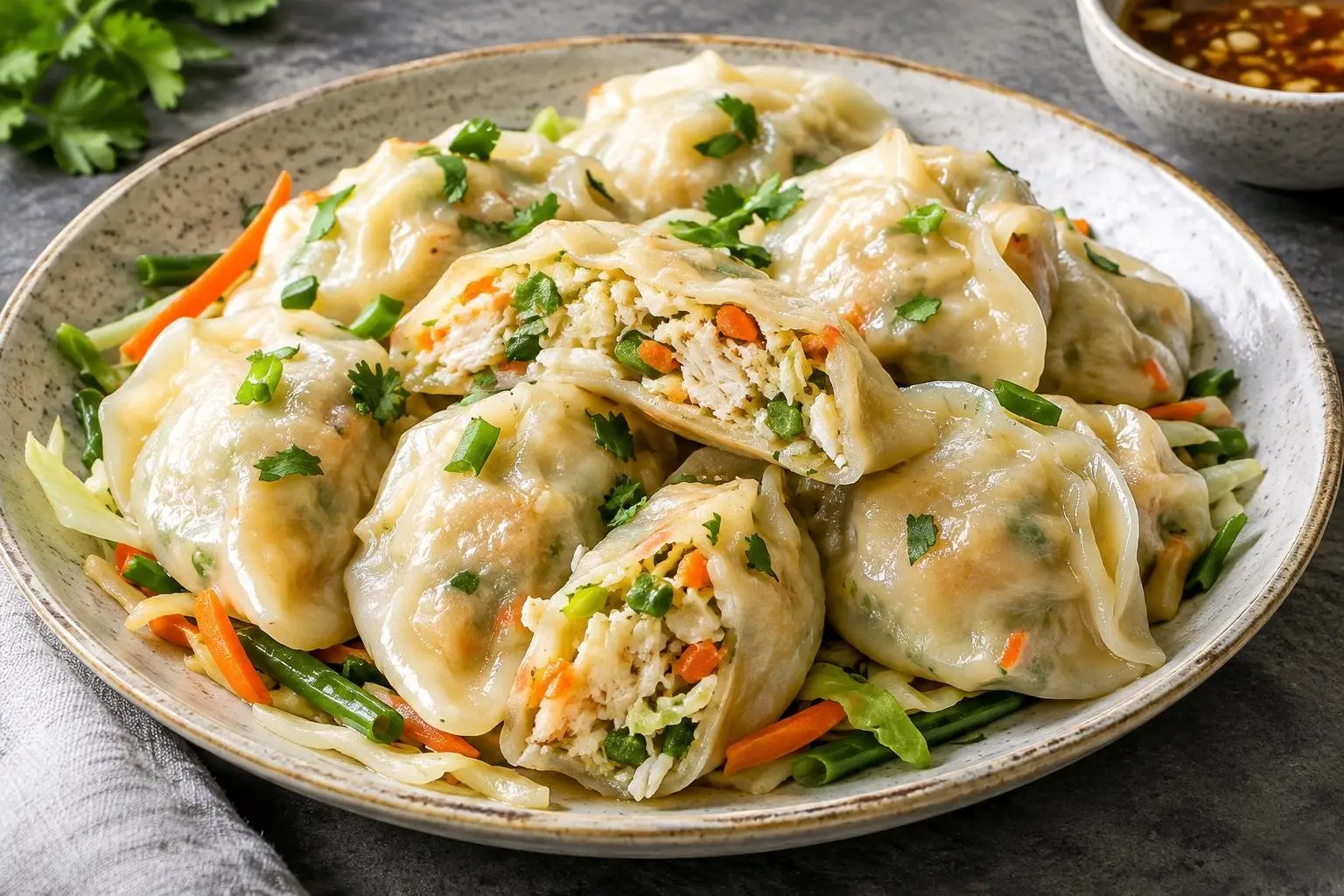 Filipino-Inspired Crab and Vegetable Steamed Dumplings plated and ready to serve