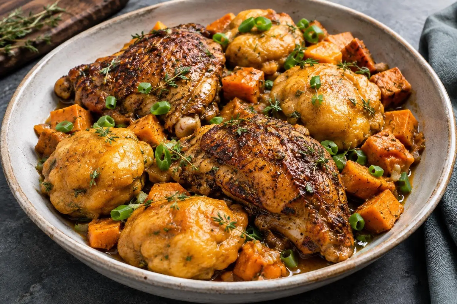 Caribbean Jerk Chicken Skillet with Sweet Potato Dumplings plated and ready to serve