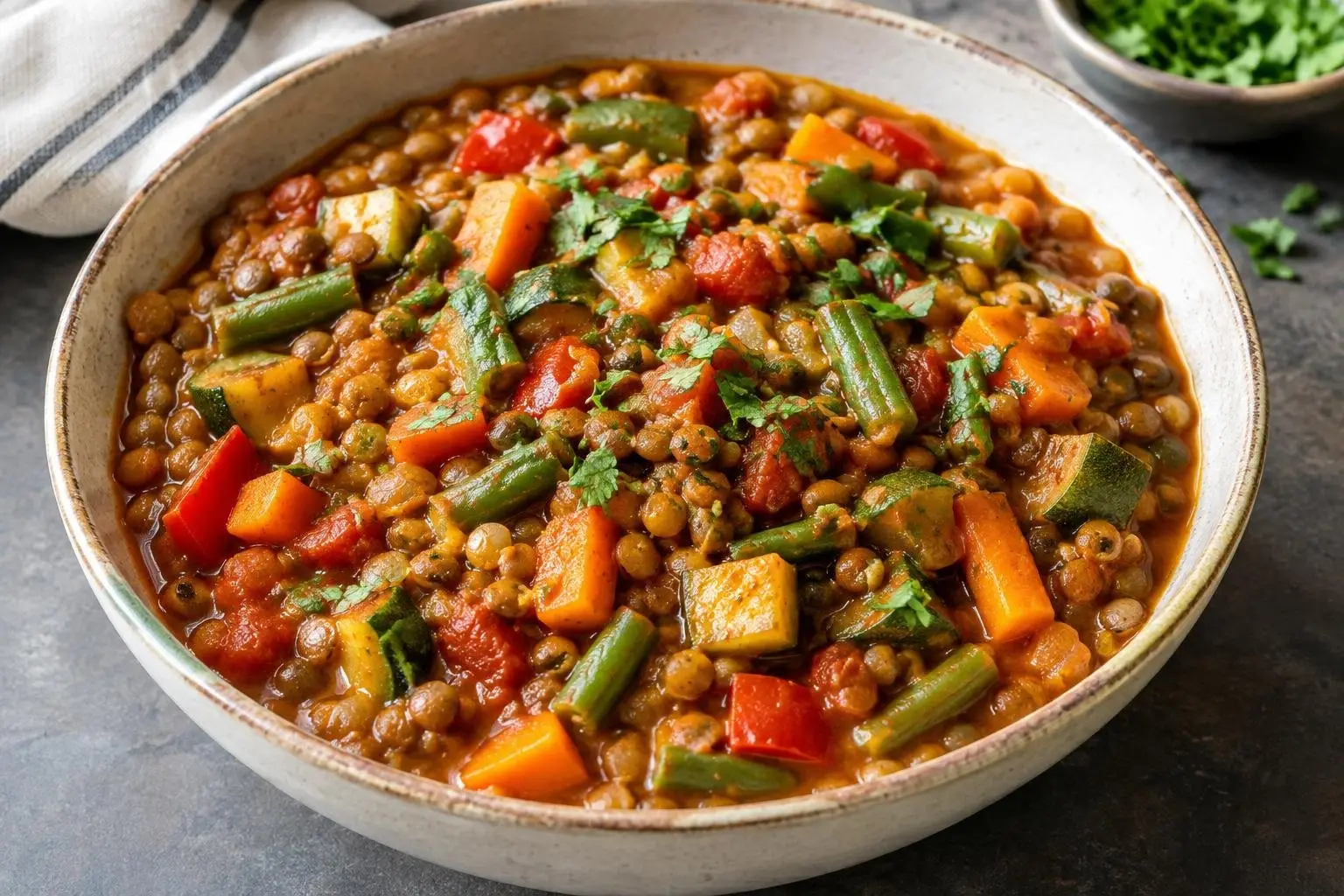 Ethiopian Poached Lentil and Vegetable Stew plated and ready to serve