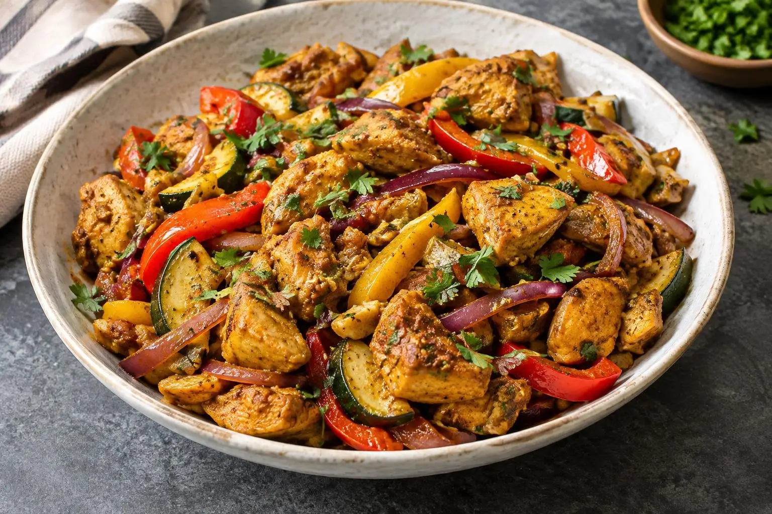 Pressure-Cooked Lebanese Chicken Shawarma Skillet plated and ready to serve