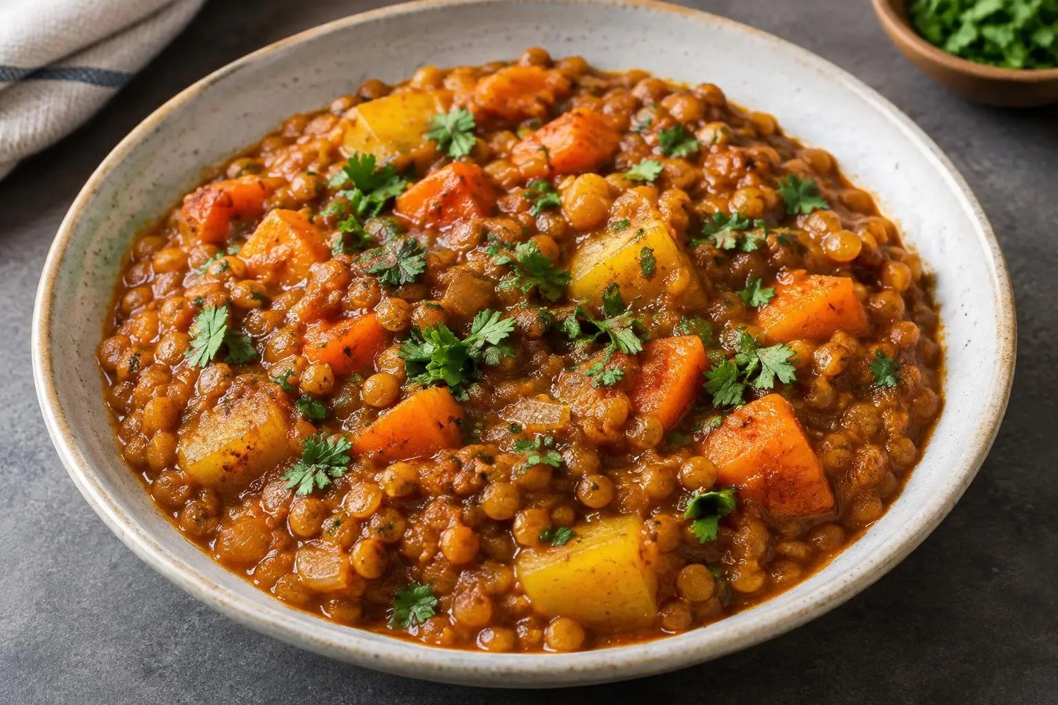 Ethiopian Spiced Lentil Stew (Misir Wot) plated and ready to serve