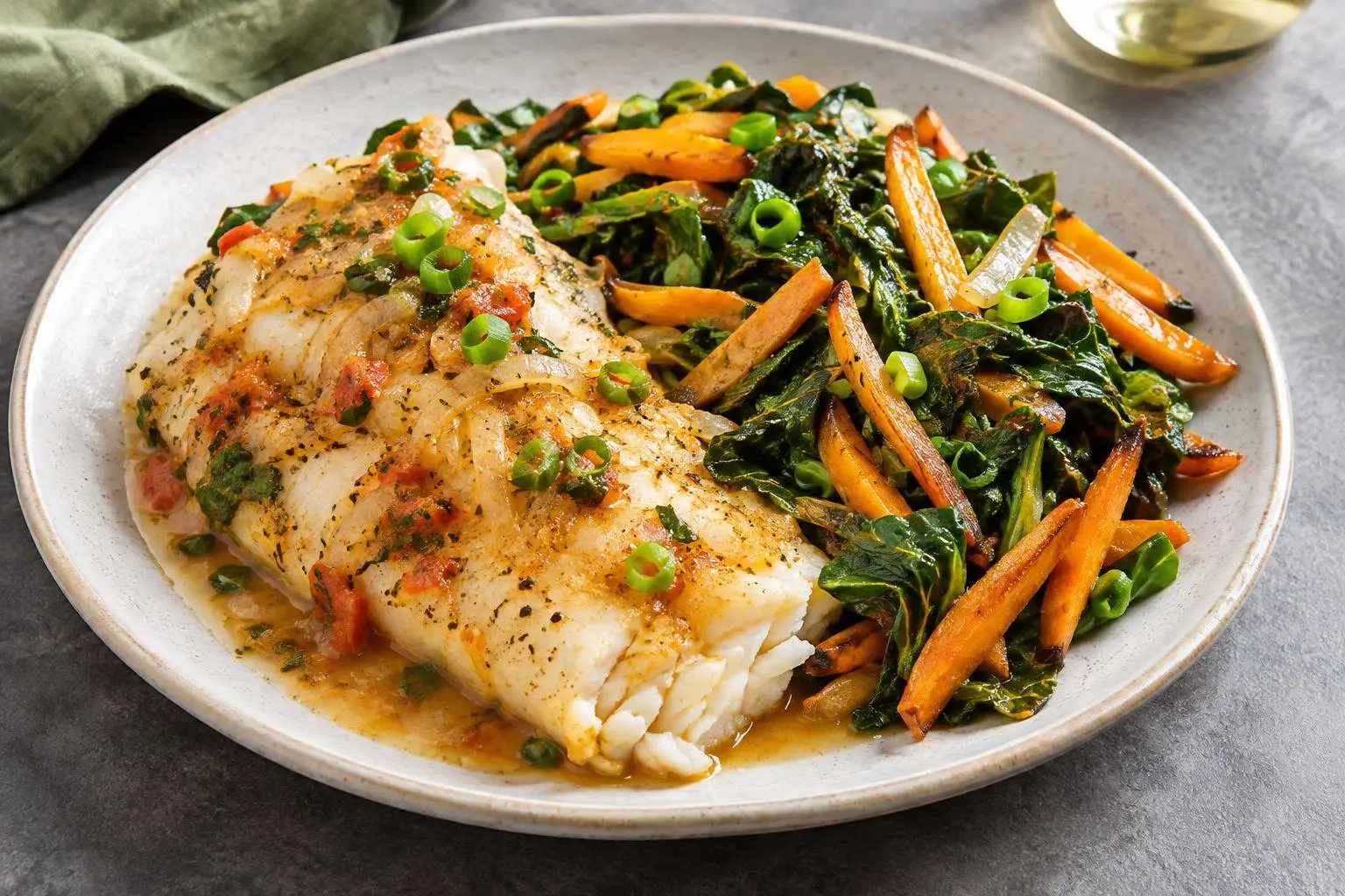 Caribbean Poached Fish with Callaloo and Sweet Potato Stir-Fry plated and ready to serve
