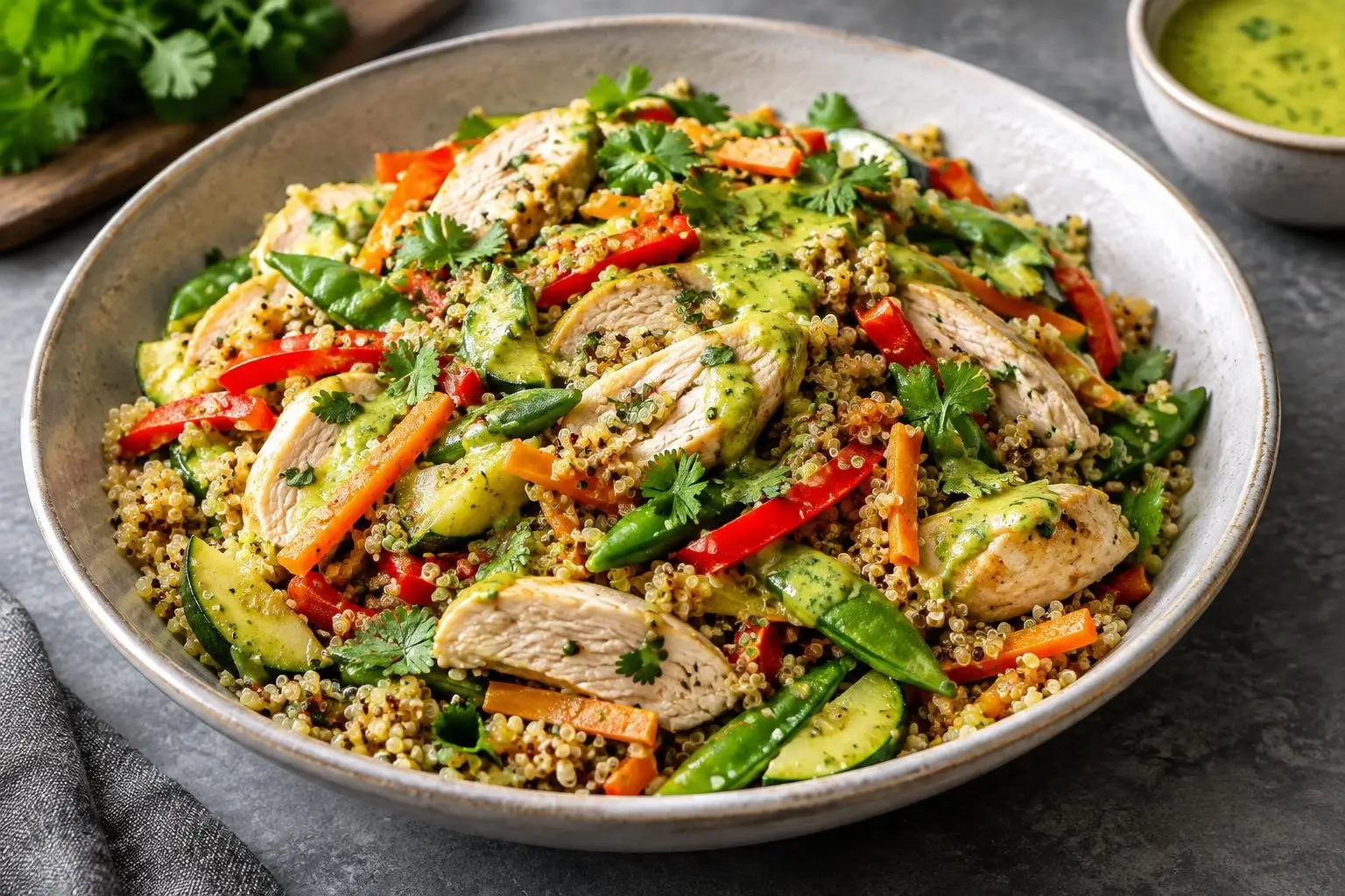 Peruvian Quinoa and Chicken Stir-Fry with Aji Verde Sauce plated and ready to serve