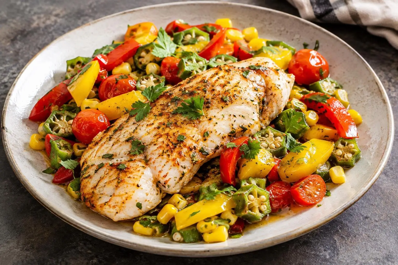 Caribbean Steamed Fish with Tropical Vegetables plated and ready to serve