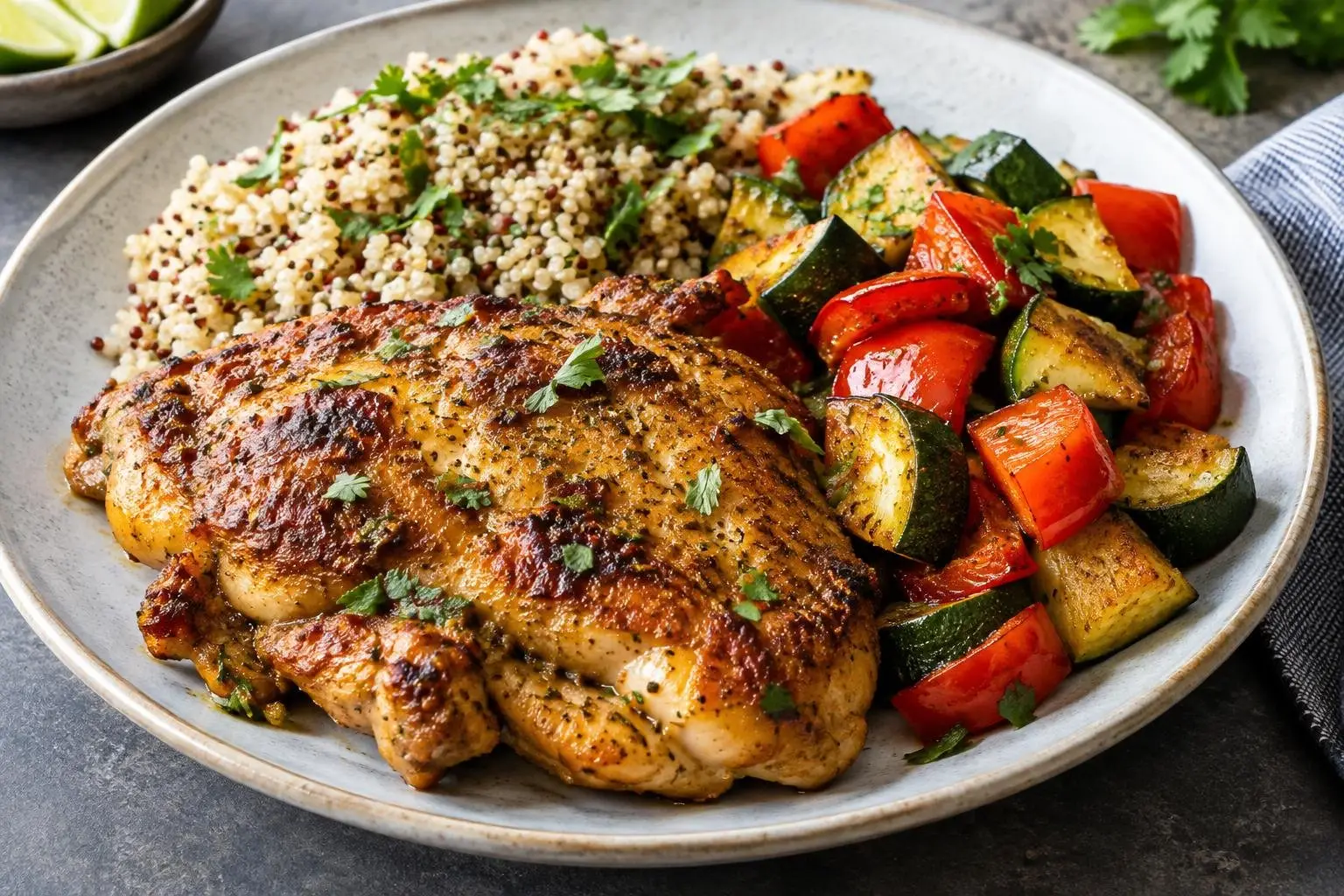 Peruvian Pan-Seared Chicken with Quinoa and Roasted Vegetables plated and ready to serve