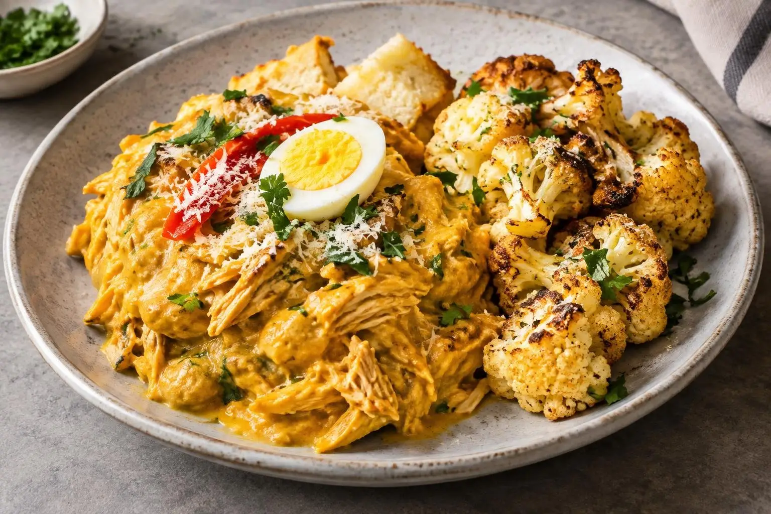 Peruvian Aji de Gallina with Roasted Cauliflower plated and ready to serve