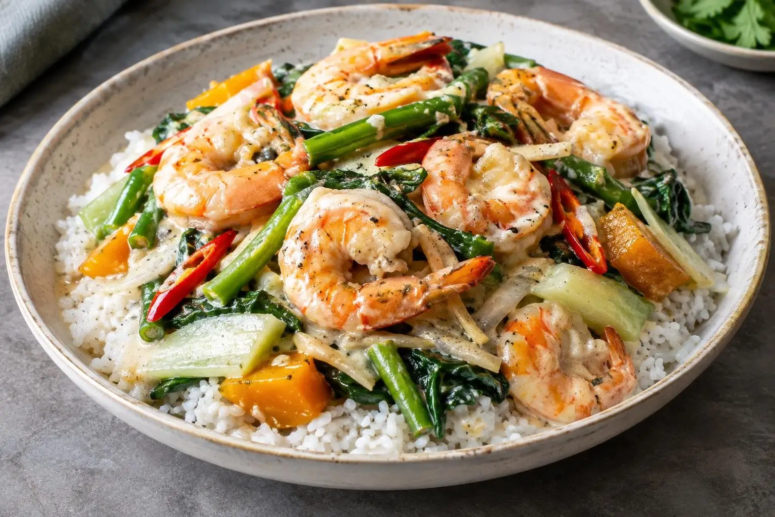 Ginataang Hipon with Seasonal Vegetables plated and ready to serve
