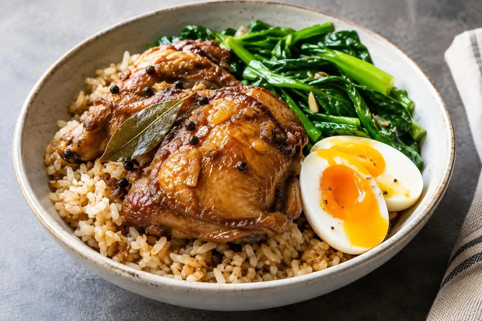 Slow-Braised Adobo Chicken Grain Bowl plated and ready to serve