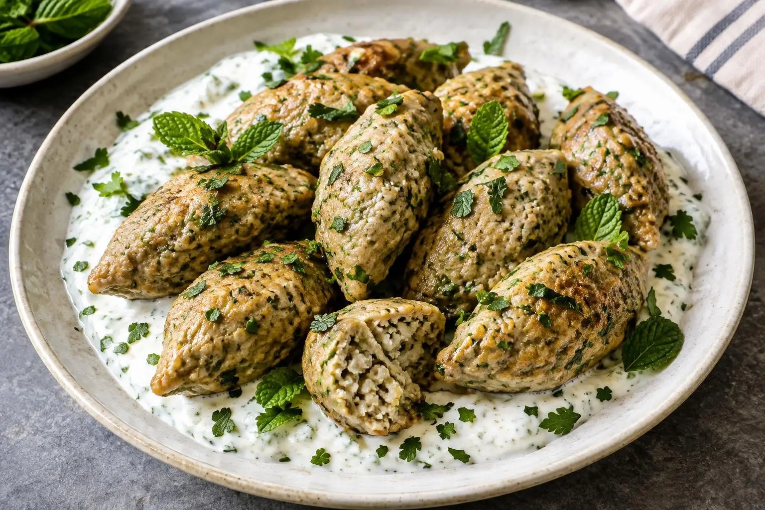 Lebanese Chicken Kibbeh Dumplings with Yogurt Sauce plated and ready to serve