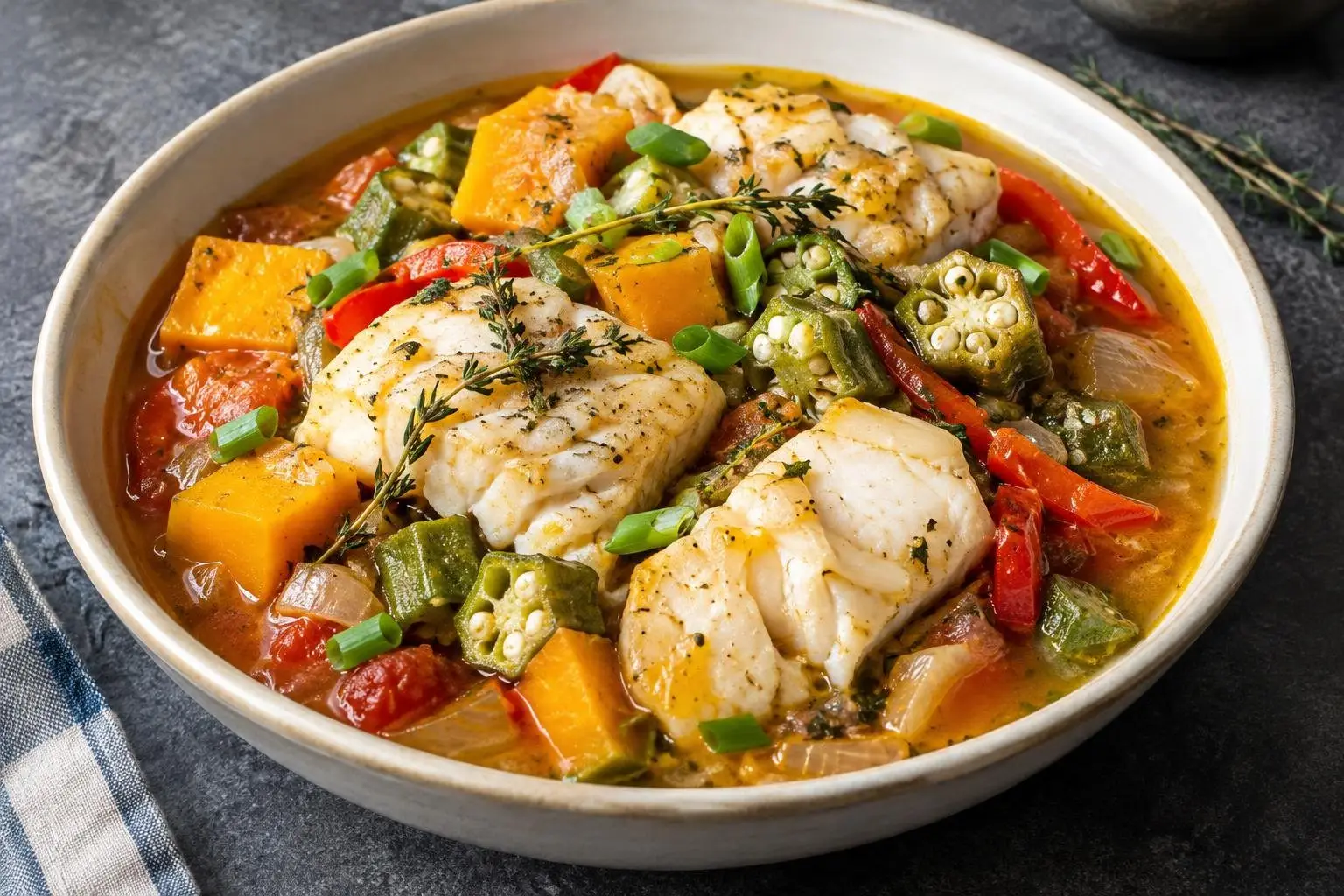 Caribbean Fish Stew with Seasonal Vegetables plated and ready to serve
