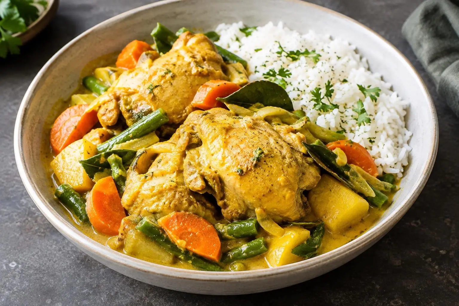 Indonesian-Style Pressure-Cooked Chicken Braise with Coconut and Turmeric plated and ready to serve