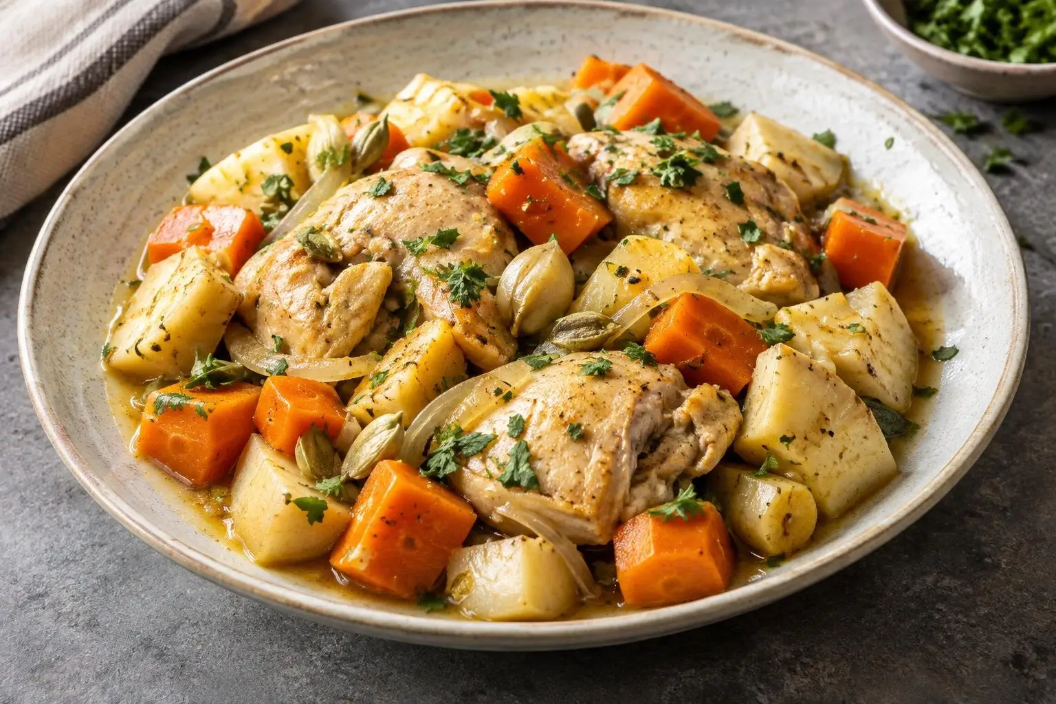 Lebanese Poached Chicken with Seasonal Root Vegetables plated and ready to serve