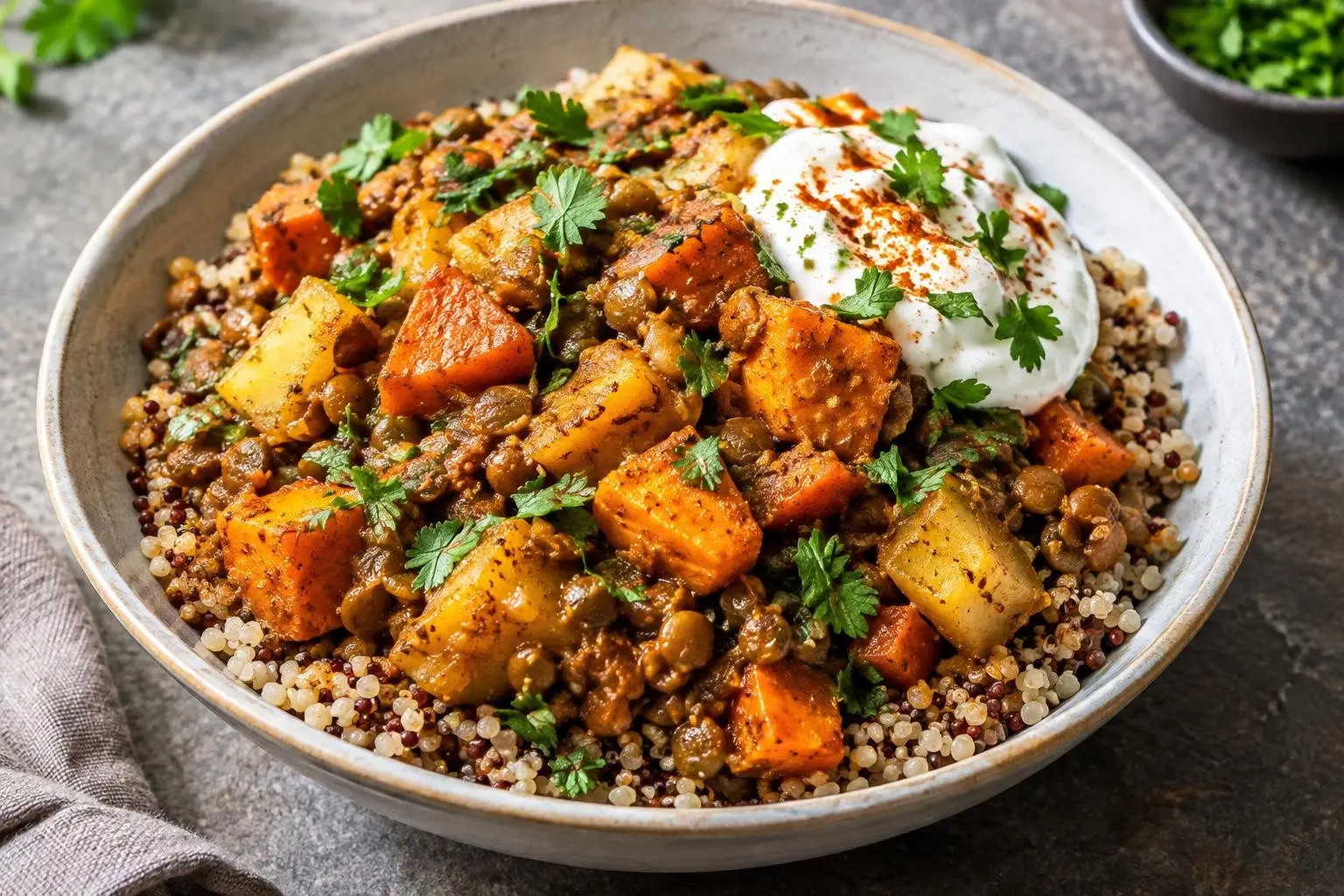 Spiced Ethiopian-Inspired Pressure Cooker Lentil Grain Bowl plated and ready to serve