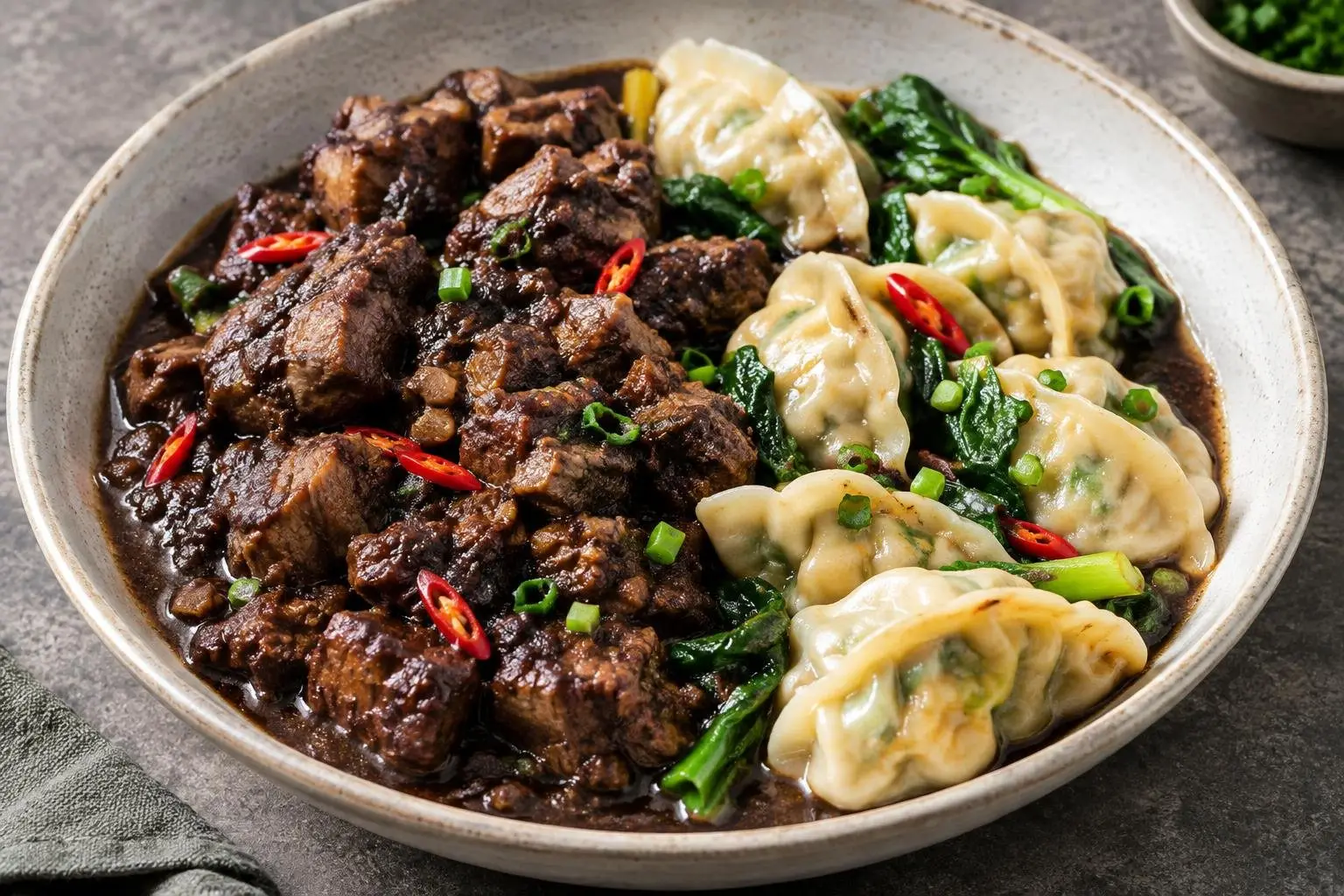 Pressure-Cooked Filipino Pork Dinuguan with Seasonal Vegetables Dumplings plated and ready to serve
