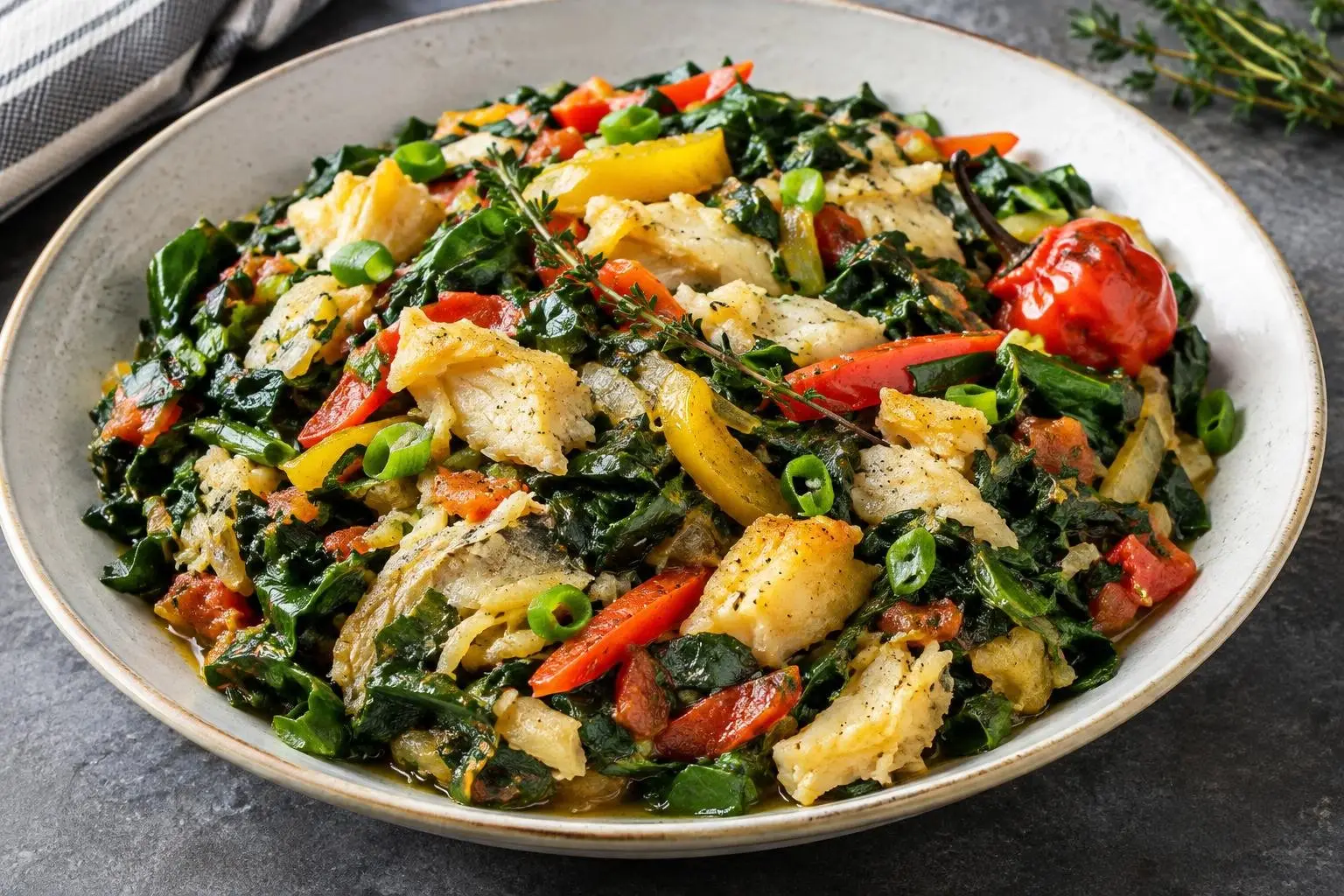 Caribbean Callaloo and Saltfish Skillet plated and ready to serve