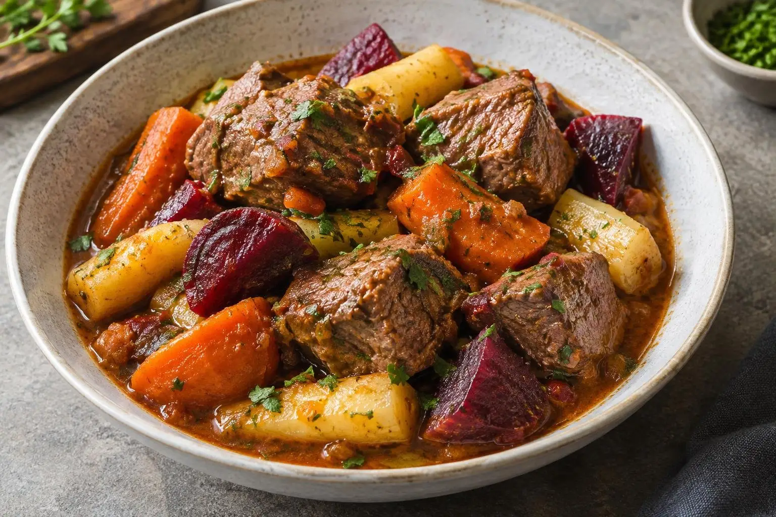Peruvian Braised Beef with Seasonal Root Vegetables plated and ready to serve