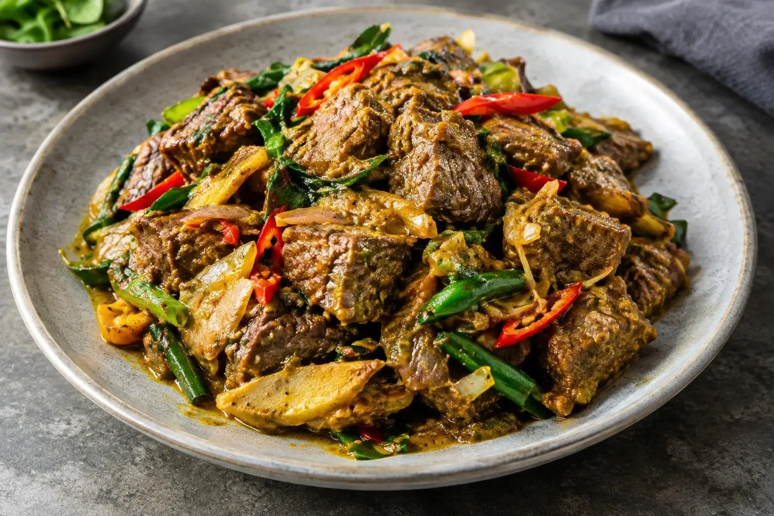 Indonesian Spicy Beef Rendang Stir-Fry plated and ready to serve