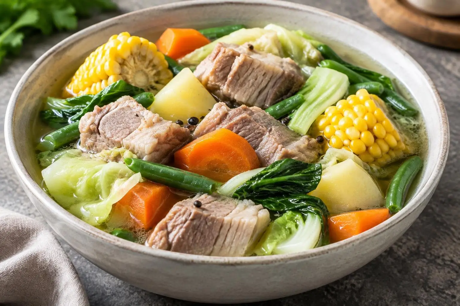 Filipino Pork Nilaga Stew with Seasonal Vegetables plated and ready to serve