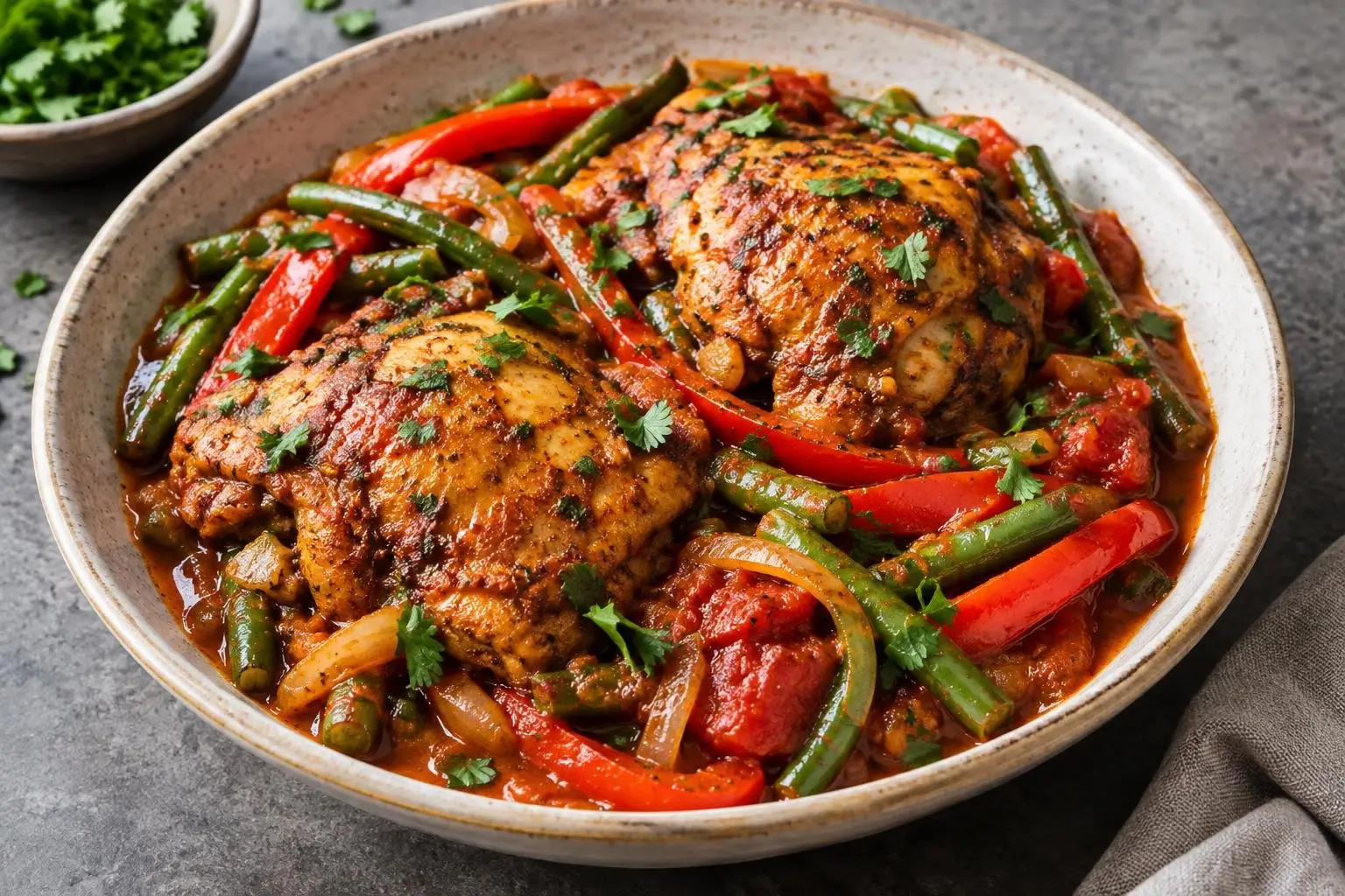Poached Berbere Chicken Skillet plated and ready to serve