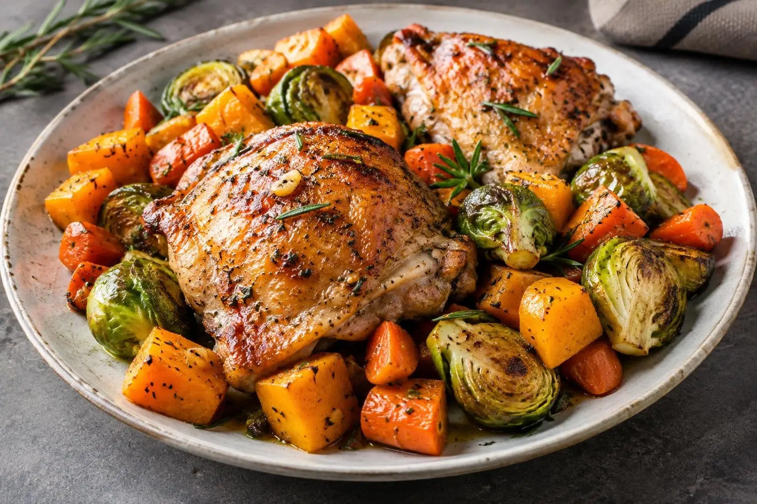 Roasted Autumn Vegetable and Chicken Sheet Pan Dinner plated and ready to serve
