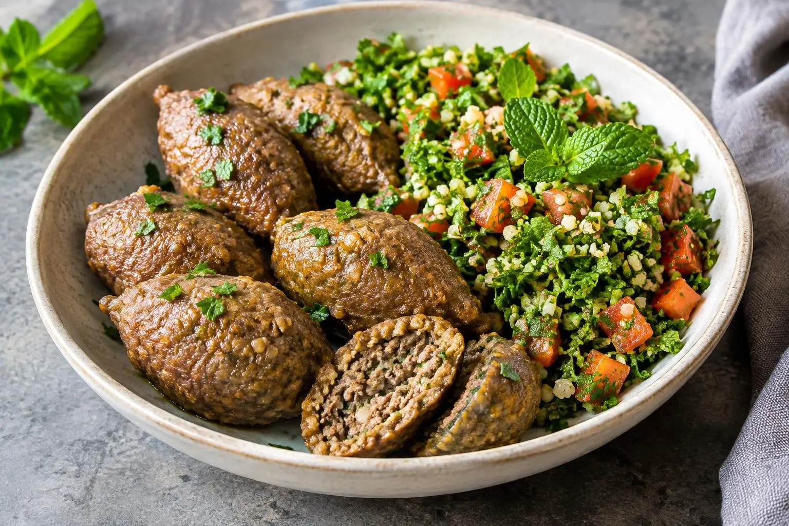 Steamed Lebanese Kibbeh with Tabbouleh Grain Bowl plated and ready to serve