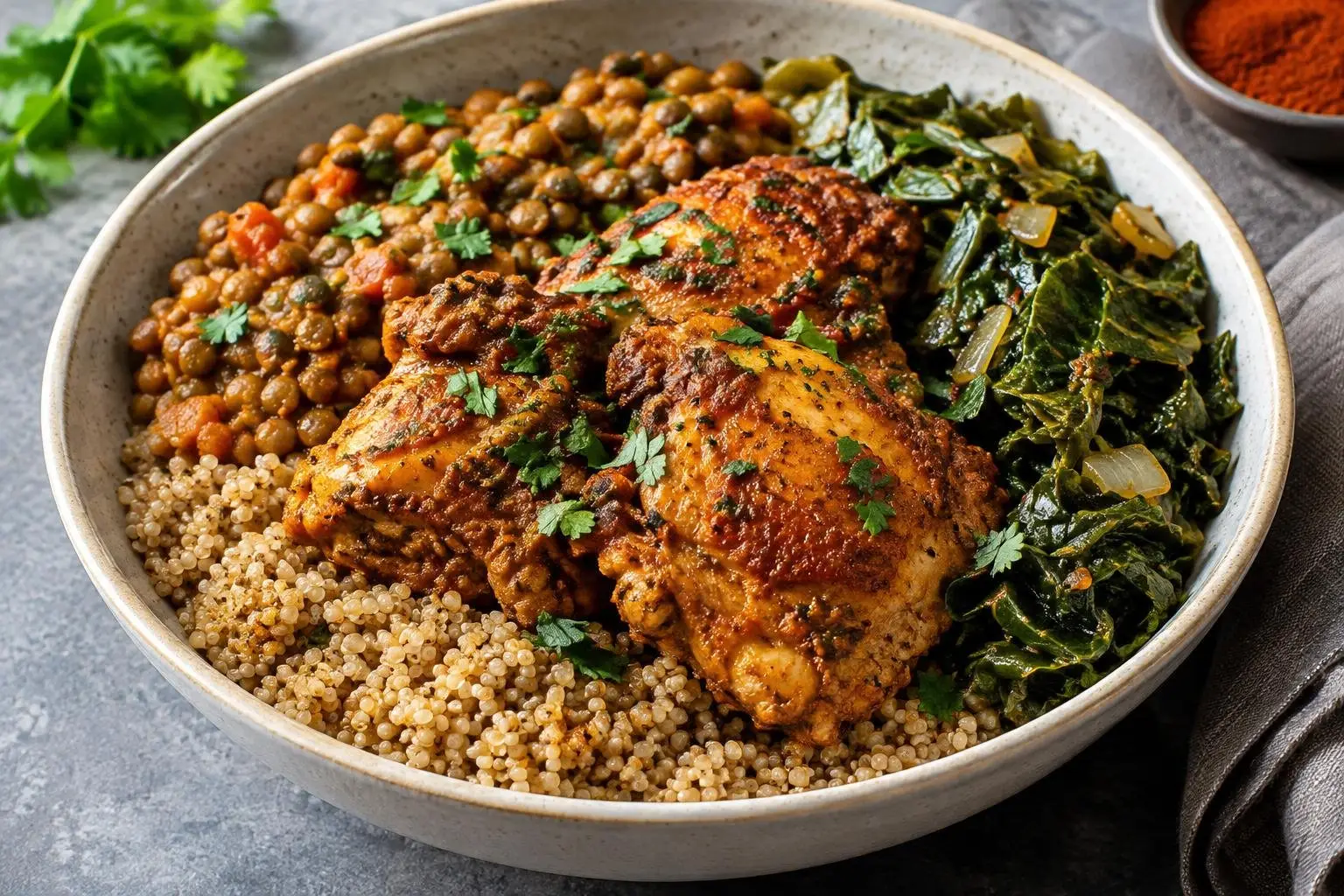 Ethiopian-Inspired Pressure-Cooked Chicken and Teff Grain Bowl plated and ready to serve