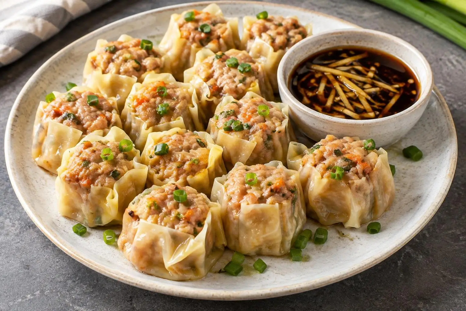 Steamed Filipino Pork Siomai with Ginger Soy Dipping Sauce plated and ready to serve