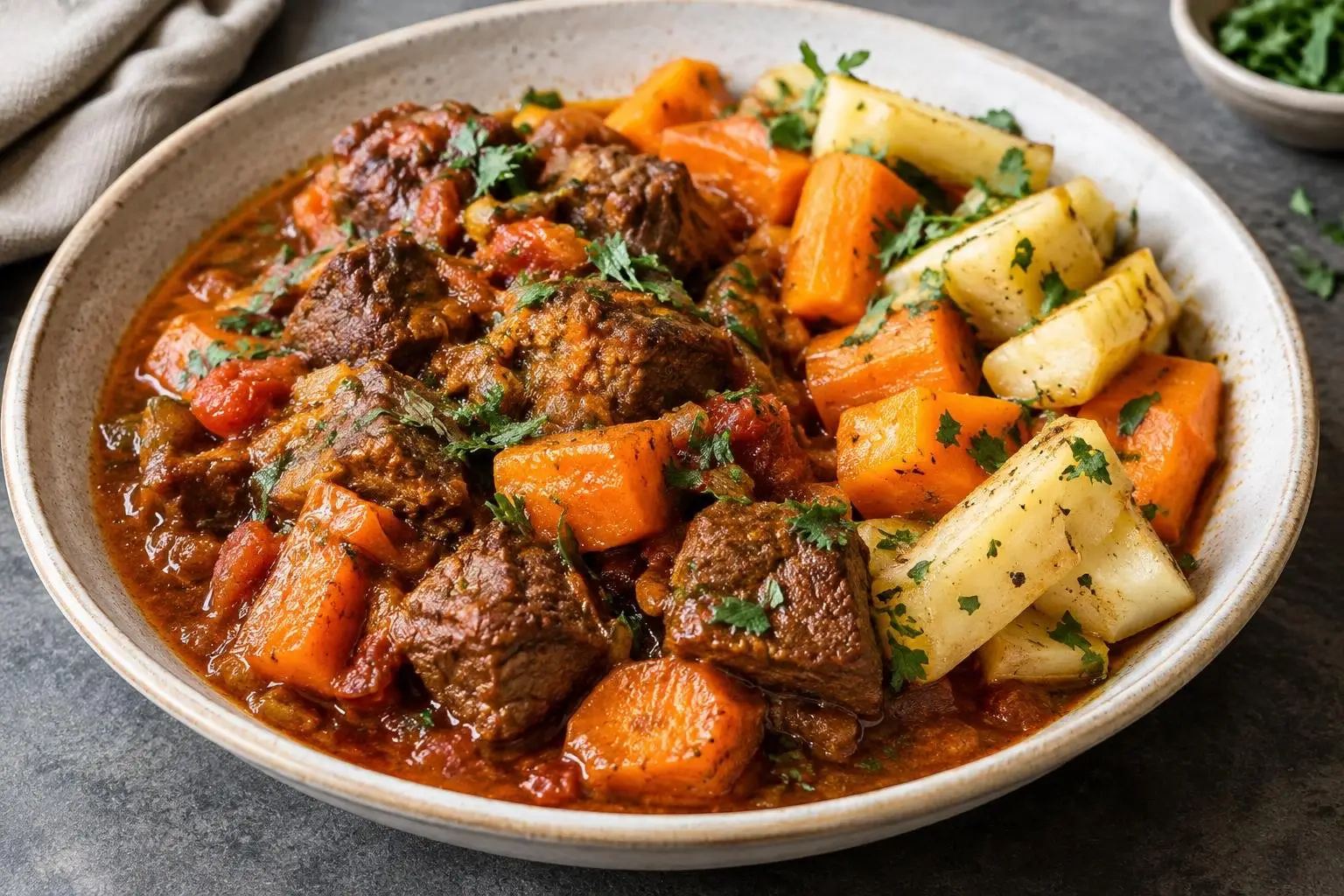 Ethiopian-Inspired Seasonal Beef Stew with Steamed Root Vegetables plated and ready to serve