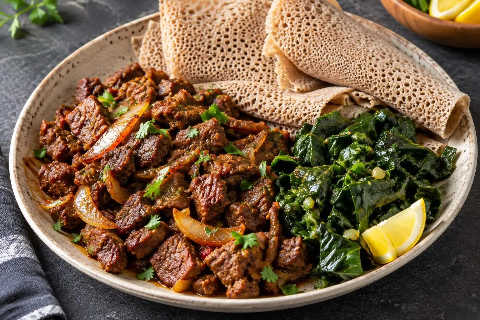 Ethiopian-Inspired Spiced Beef Tibs with Injera and Collard Greens plated and ready to serve
