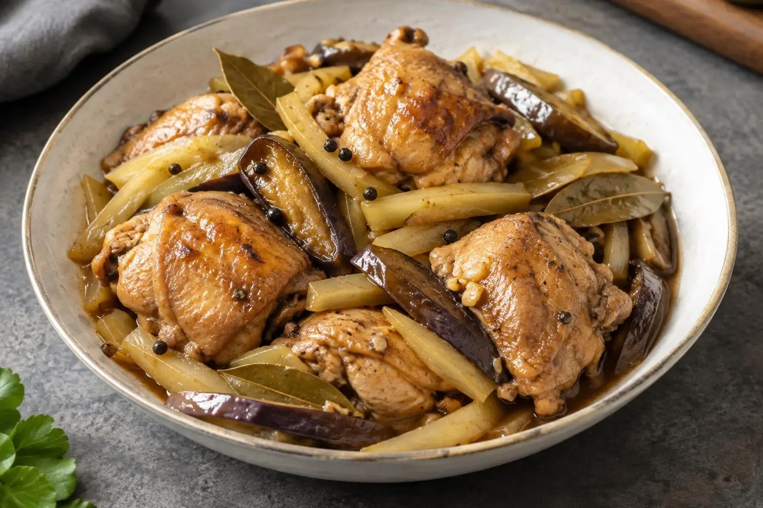 Adobong Manok with Seasonal Green Papaya and Eggplant plated and ready to serve